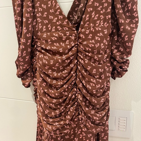 LUSH satin floral ruched Dress Womens Small Midi Asymmetrical Cut Out Back Brown - Picture 8 of 13